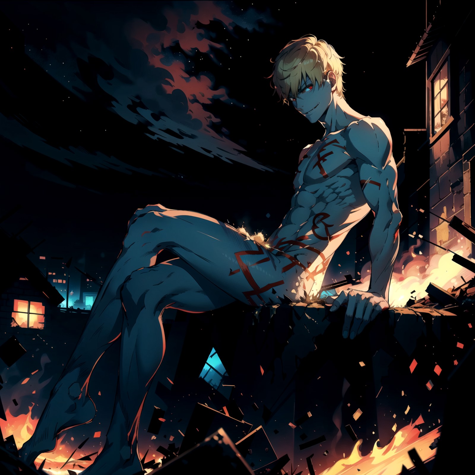 (GilgameshTopless:1.05), solo, looking at viewer, short hair, blonde hair, red eyes, 1boy, male focus, sitting, crossed le...